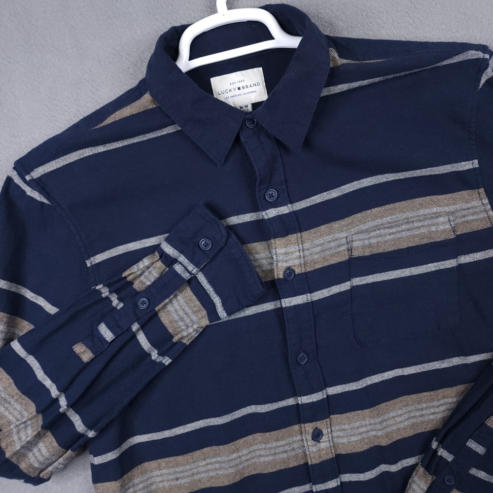 Lucky Brand Mens Medium Blue Brown Striped Long Sleeve Button Up Flannel Shirt